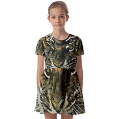 Angry Tiger Animal Broken Glasses Kids  Short Sleeve Pinafore Style Dress by Cemarart