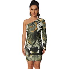 Angry Tiger Animal Broken Glasses Long Sleeve One Shoulder Mini Dress by Cemarart