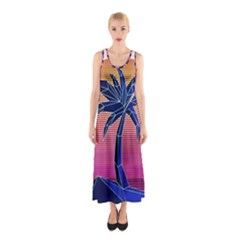 Abstract 3d Art Holiday Island Palm Tree Pink Purple Summer Sunset Water Sleeveless Maxi Dress by Cemarart