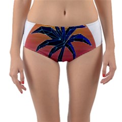 Abstract 3d Art Holiday Island Palm Tree Pink Purple Summer Sunset Water Reversible Mid-waist Bikini Bottoms by Cemarart