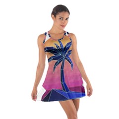 Abstract 3d Art Holiday Island Palm Tree Pink Purple Summer Sunset Water Cotton Racerback Dress by Cemarart