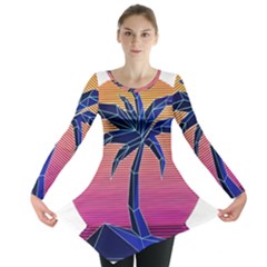 Abstract 3d Art Holiday Island Palm Tree Pink Purple Summer Sunset Water Long Sleeve Tunic  by Cemarart