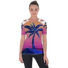 Abstract 3d Art Holiday Island Palm Tree Pink Purple Summer Sunset Water Shoulder Cut Out Short Sleeve Top by Cemarart