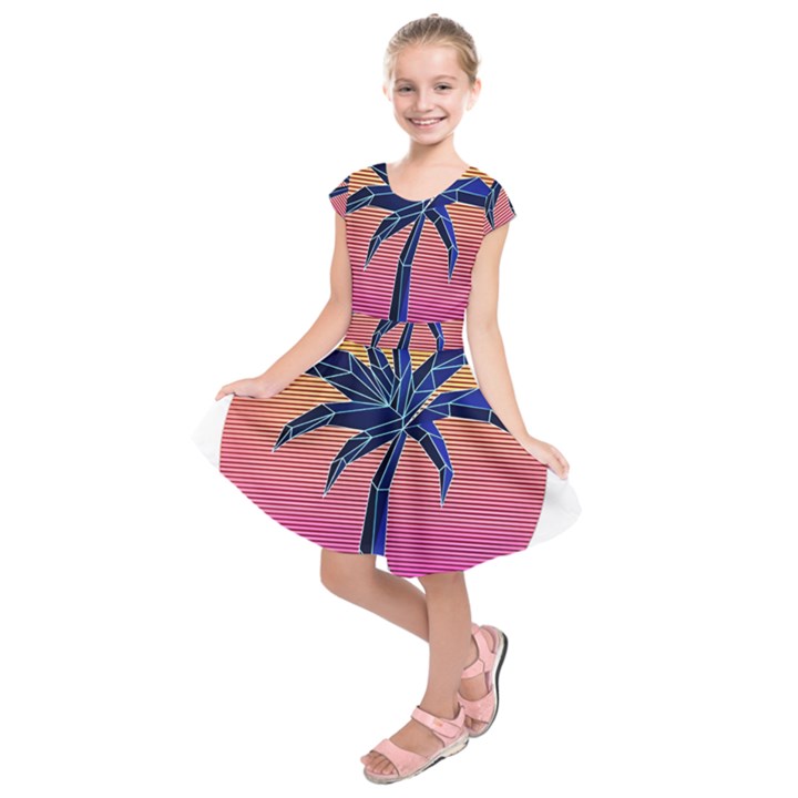 Abstract 3d Art Holiday Island Palm Tree Pink Purple Summer Sunset Water Kids  Short Sleeve Dress