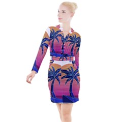 Abstract 3d Art Holiday Island Palm Tree Pink Purple Summer Sunset Water Button Long Sleeve Dress by Cemarart