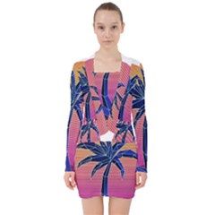 Abstract 3d Art Holiday Island Palm Tree Pink Purple Summer Sunset Water V-neck Bodycon Long Sleeve Dress by Cemarart