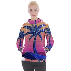 Abstract 3d Art Holiday Island Palm Tree Pink Purple Summer Sunset Water Women s Hooded Pullover by Cemarart