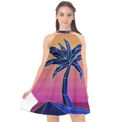 Abstract 3d Art Holiday Island Palm Tree Pink Purple Summer Sunset Water Halter Neckline Chiffon Dress  by Cemarart