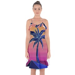 Abstract 3d Art Holiday Island Palm Tree Pink Purple Summer Sunset Water Ruffle Detail Chiffon Dress by Cemarart