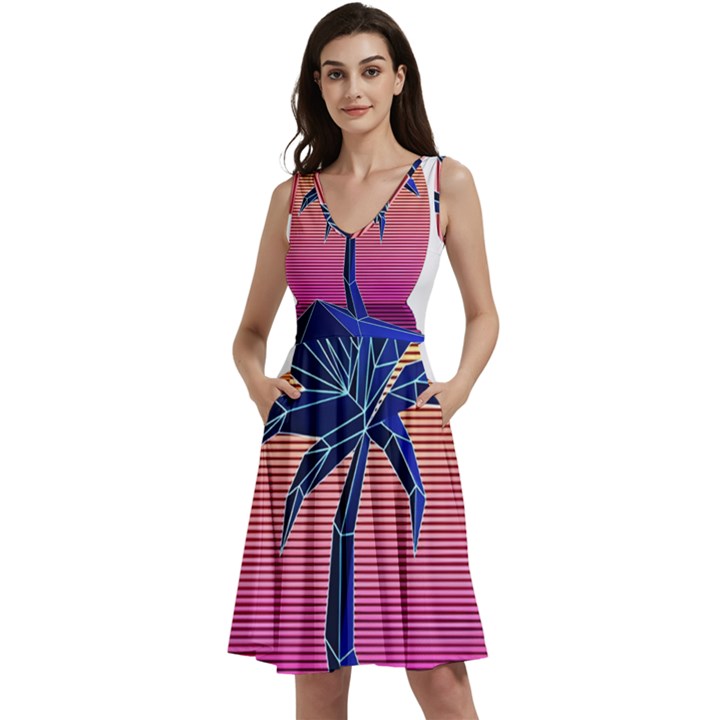 Abstract 3d Art Holiday Island Palm Tree Pink Purple Summer Sunset Water Sleeveless V-Neck Skater Dress with Pockets