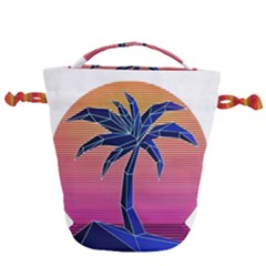 Abstract 3d Art Holiday Island Palm Tree Pink Purple Summer Sunset Water Drawstring Bucket Bag by Cemarart