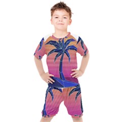 Abstract 3d Art Holiday Island Palm Tree Pink Purple Summer Sunset Water Kids  T-shirt And Shorts Set by Cemarart