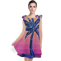 Abstract 3d Art Holiday Island Palm Tree Pink Purple Summer Sunset Water Tie Up Tunic Dress by Cemarart