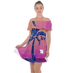 Abstract 3d Art Holiday Island Palm Tree Pink Purple Summer Sunset Water Off Shoulder Velour Dress by Cemarart