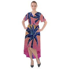 Abstract 3d Art Holiday Island Palm Tree Pink Purple Summer Sunset Water Front Wrap High Low Dress