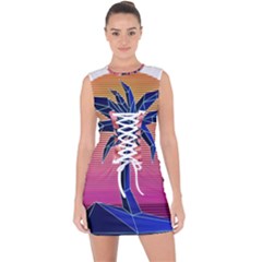 Abstract 3d Art Holiday Island Palm Tree Pink Purple Summer Sunset Water Lace Up Front Bodycon Dress by Cemarart