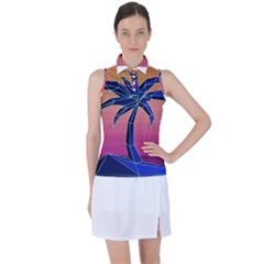 Abstract 3d Art Holiday Island Palm Tree Pink Purple Summer Sunset Water Women s Sleeveless Polo T-shirt by Cemarart