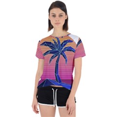 Abstract 3d Art Holiday Island Palm Tree Pink Purple Summer Sunset Water Open Back Sport T-shirt by Cemarart