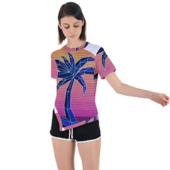 Abstract 3d Art Holiday Island Palm Tree Pink Purple Summer Sunset Water Asymmetrical Short Sleeve Sports T-shirt by Cemarart