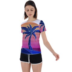 Abstract 3d Art Holiday Island Palm Tree Pink Purple Summer Sunset Water Back Circle Cutout Sports T-shirt by Cemarart