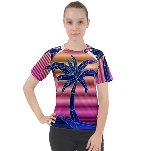 Abstract 3d Art Holiday Island Palm Tree Pink Purple Summer Sunset Water Women s Sport Raglan T-shirt by Cemarart