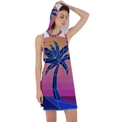 Abstract 3d Art Holiday Island Palm Tree Pink Purple Summer Sunset Water Racer Back Hoodie Dress by Cemarart