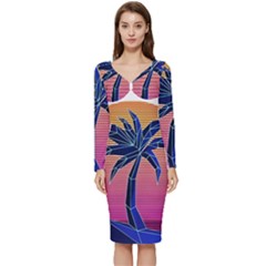 Abstract 3d Art Holiday Island Palm Tree Pink Purple Summer Sunset Water Long Sleeve V-neck Bodycon Dress 