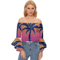 Abstract 3d Art Holiday Island Palm Tree Pink Purple Summer Sunset Water Off Shoulder Flutter Bell Sleeve Top by Cemarart