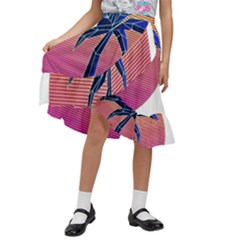 Abstract 3d Art Holiday Island Palm Tree Pink Purple Summer Sunset Water Kids  Ruffle Flared Wrap Midi Skirt by Cemarart