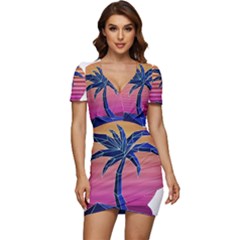 Abstract 3d Art Holiday Island Palm Tree Pink Purple Summer Sunset Water Low Cut Cap Sleeve Mini Dress by Cemarart