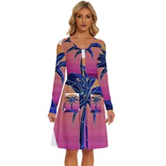 Abstract 3d Art Holiday Island Palm Tree Pink Purple Summer Sunset Water Long Sleeve Dress With Pocket by Cemarart