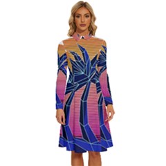 Abstract 3d Art Holiday Island Palm Tree Pink Purple Summer Sunset Water Long Sleeve Shirt Collar A-line Dress by Cemarart