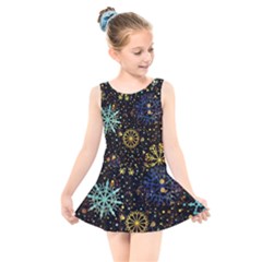 Gold Teal Snowflakes Kids  Skater Dress Swimsuit by Grandong