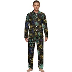 Gold Teal Snowflakes Men s Long Sleeve Velvet Pocket Pajamas Set