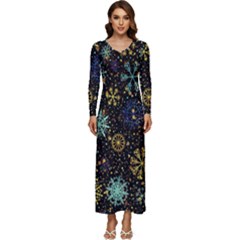 Gold Teal Snowflakes Long Sleeve Longline Maxi Dress by Grandong