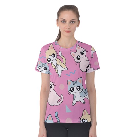 Cute Animal Little Cat Seamless Pattern Women s Cotton T-shirt by Grandong