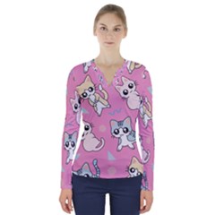 Cute Animal Little Cat Seamless Pattern V-neck Long Sleeve Top by Grandong