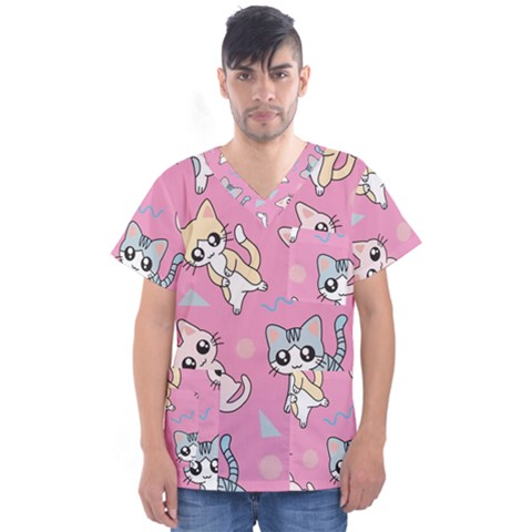 Cute Animal Little Cat Seamless Pattern Men s V-neck Scrub Top by Grandong