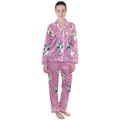 Cute Animal Little Cat Seamless Pattern Women s Long Sleeve Satin Pajamas Set	 by Grandong