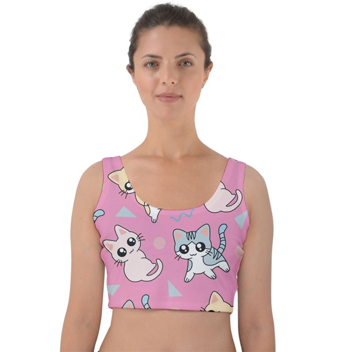 Cute Animal Little Cat Seamless Pattern Velvet Crop Top