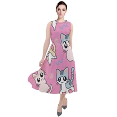 Cute Animal Little Cat Seamless Pattern Round Neck Boho Dress by Grandong