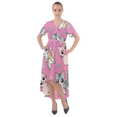 Cute Animal Little Cat Seamless Pattern Front Wrap High Low Dress by Grandong