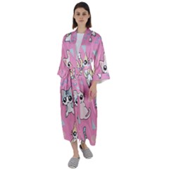 Cute Animal Little Cat Seamless Pattern Maxi Satin Kimono by Grandong