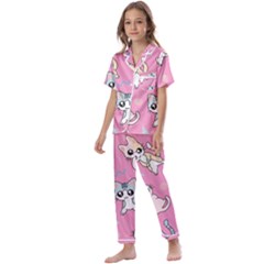 Cute Animal Little Cat Seamless Pattern Kids  Satin Short Sleeve Pajamas Set by Grandong