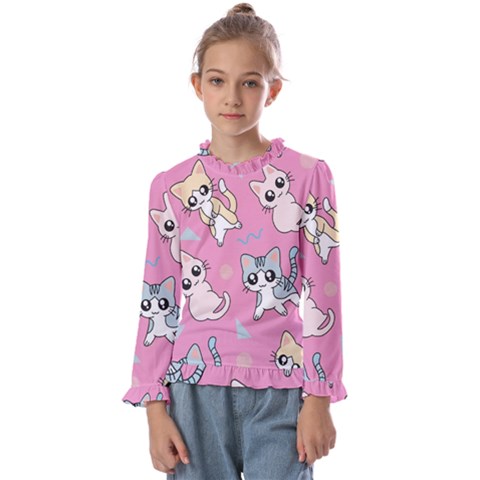 Cute Animal Little Cat Seamless Pattern Kids  Frill Detail T-shirt by Grandong