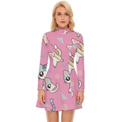 Cute Animal Little Cat Seamless Pattern Long Sleeve Velour Longline Dress by Grandong