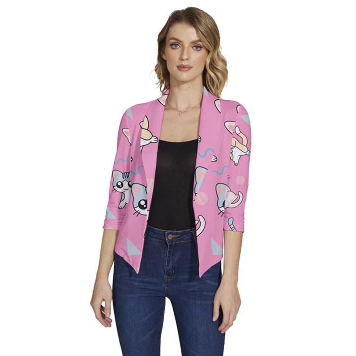 Cute Animal Little Cat Seamless Pattern Women s Draped Front 3/4 Sleeve Shawl Collar Jacket