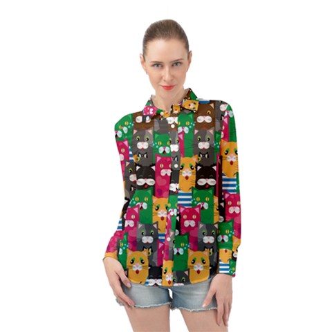 Cat Funny Colorful Pattern Long Sleeve Chiffon Shirt by Grandong