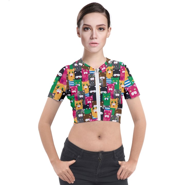 Cat Funny Colorful Pattern Short Sleeve Cropped Jacket