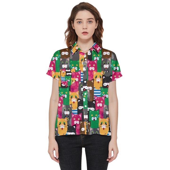 Cat Funny Colorful Pattern Short Sleeve Pocket Shirt